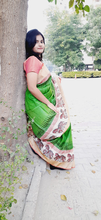 Parrot Green Tussar Silk Saree