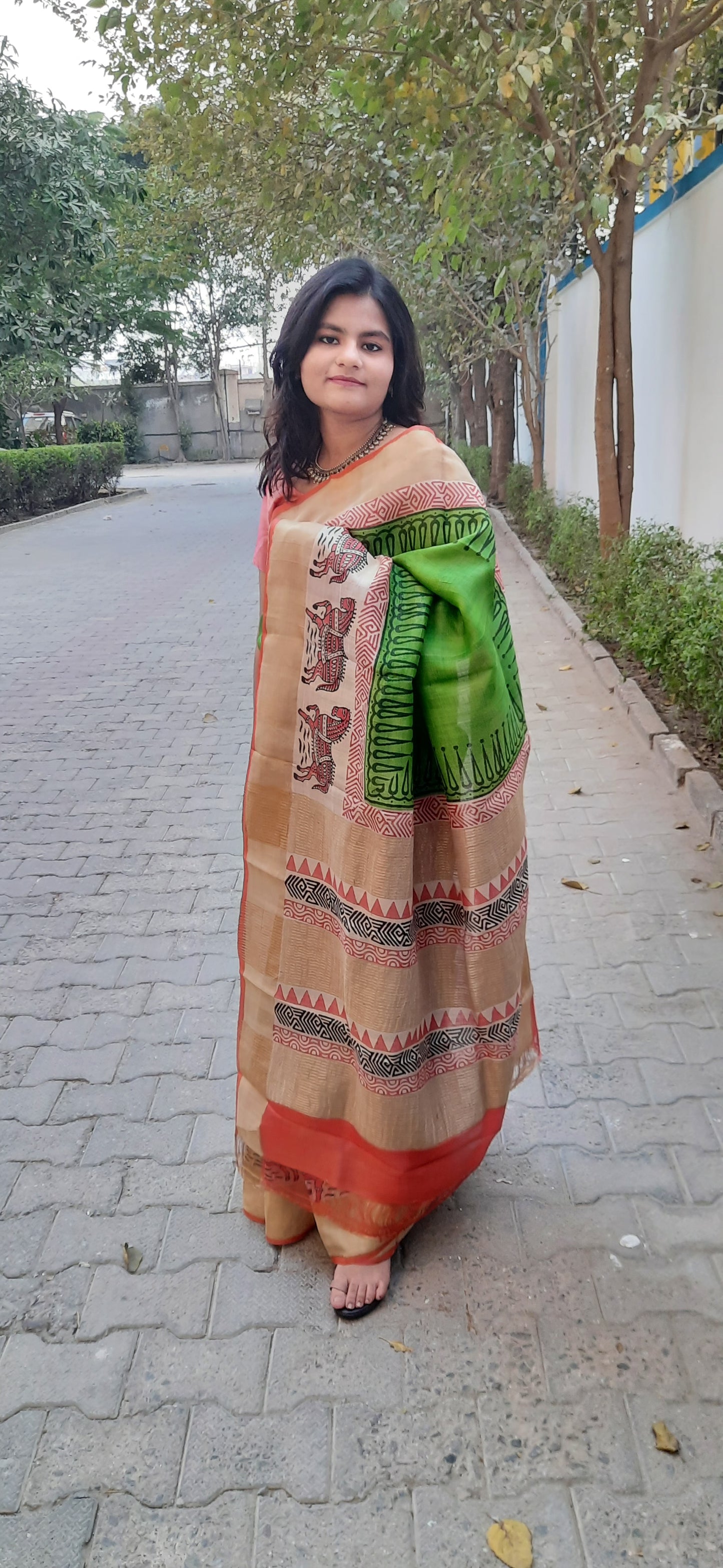 Parrot Green Tussar Silk Saree