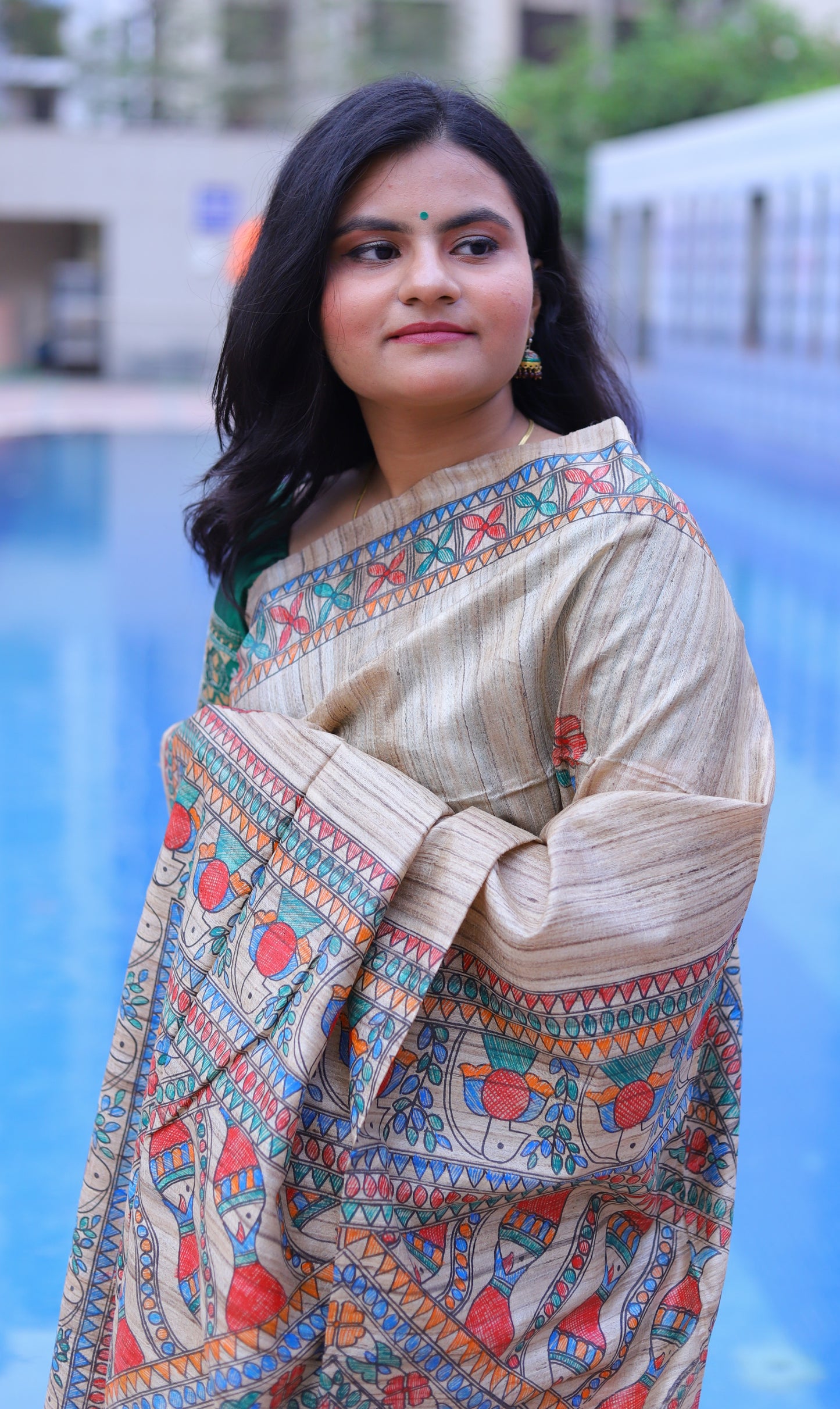 Beige Madhubani Handpainted Handloom Tussar Silk Saree
