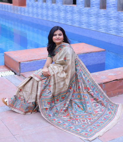 Beige Madhubani Handpainted Handloom Tussar Silk Saree