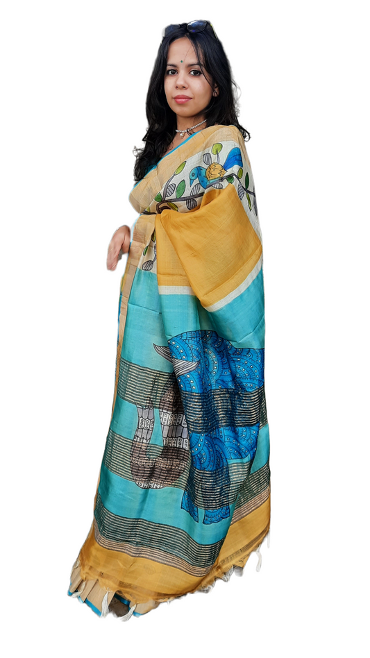 Yellow Kalamkari Hand Painted Tussar Silk Saree