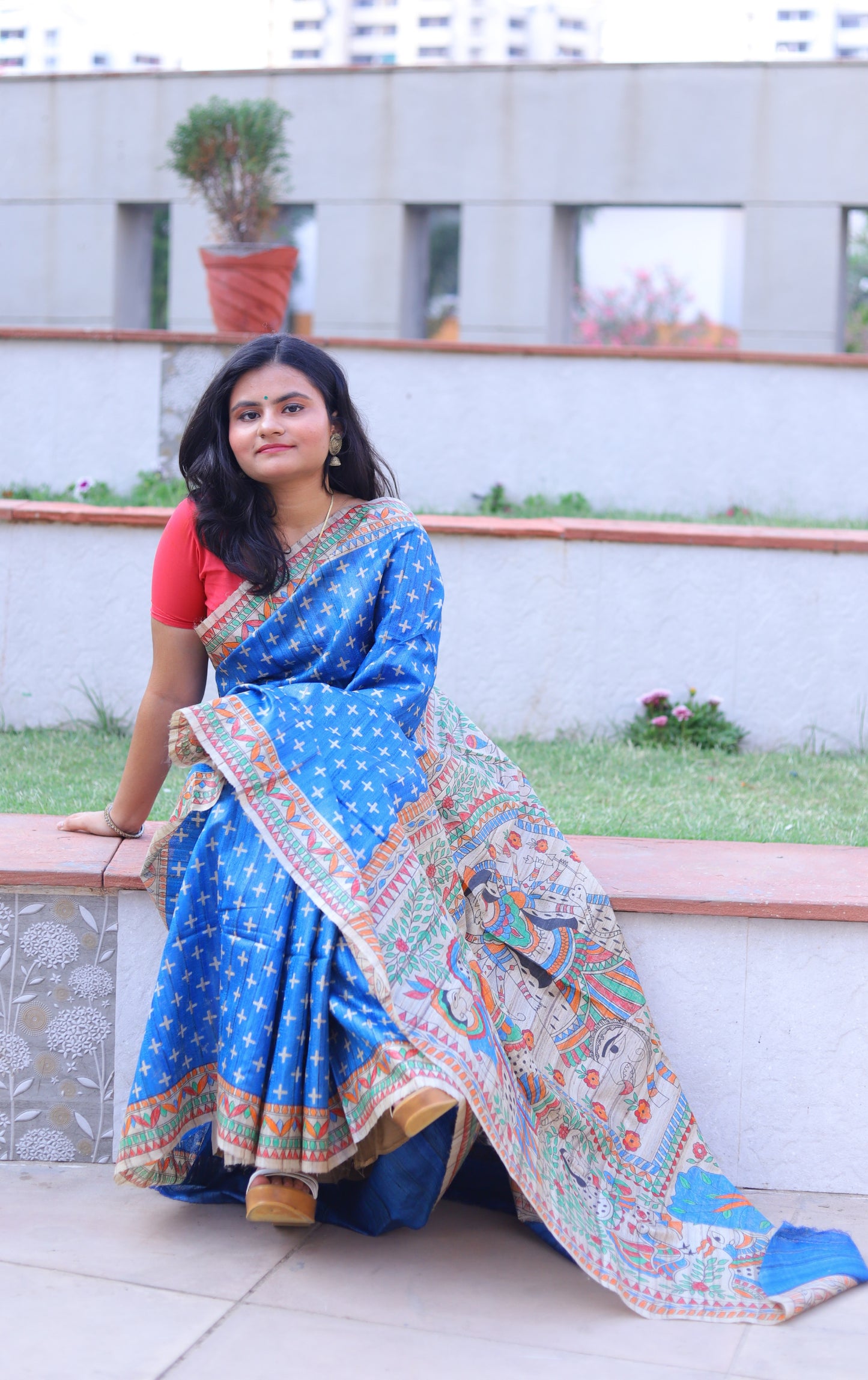 Blue Madhubani Handpainted Handloom Tussar Silk Saree