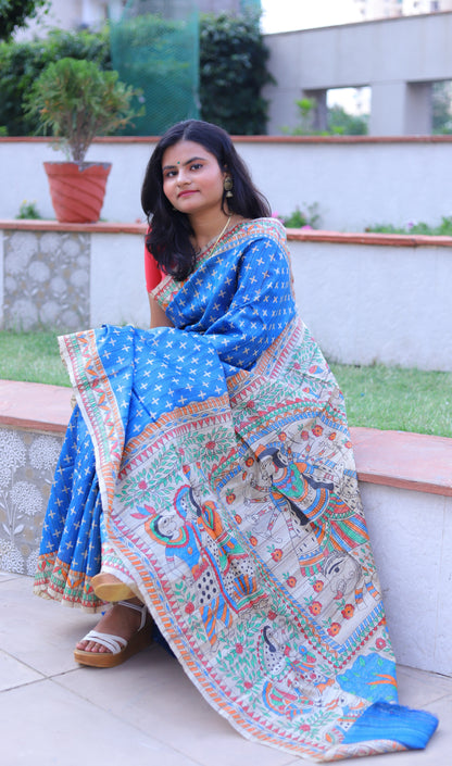 Blue Madhubani Handpainted Handloom Tussar Silk Saree