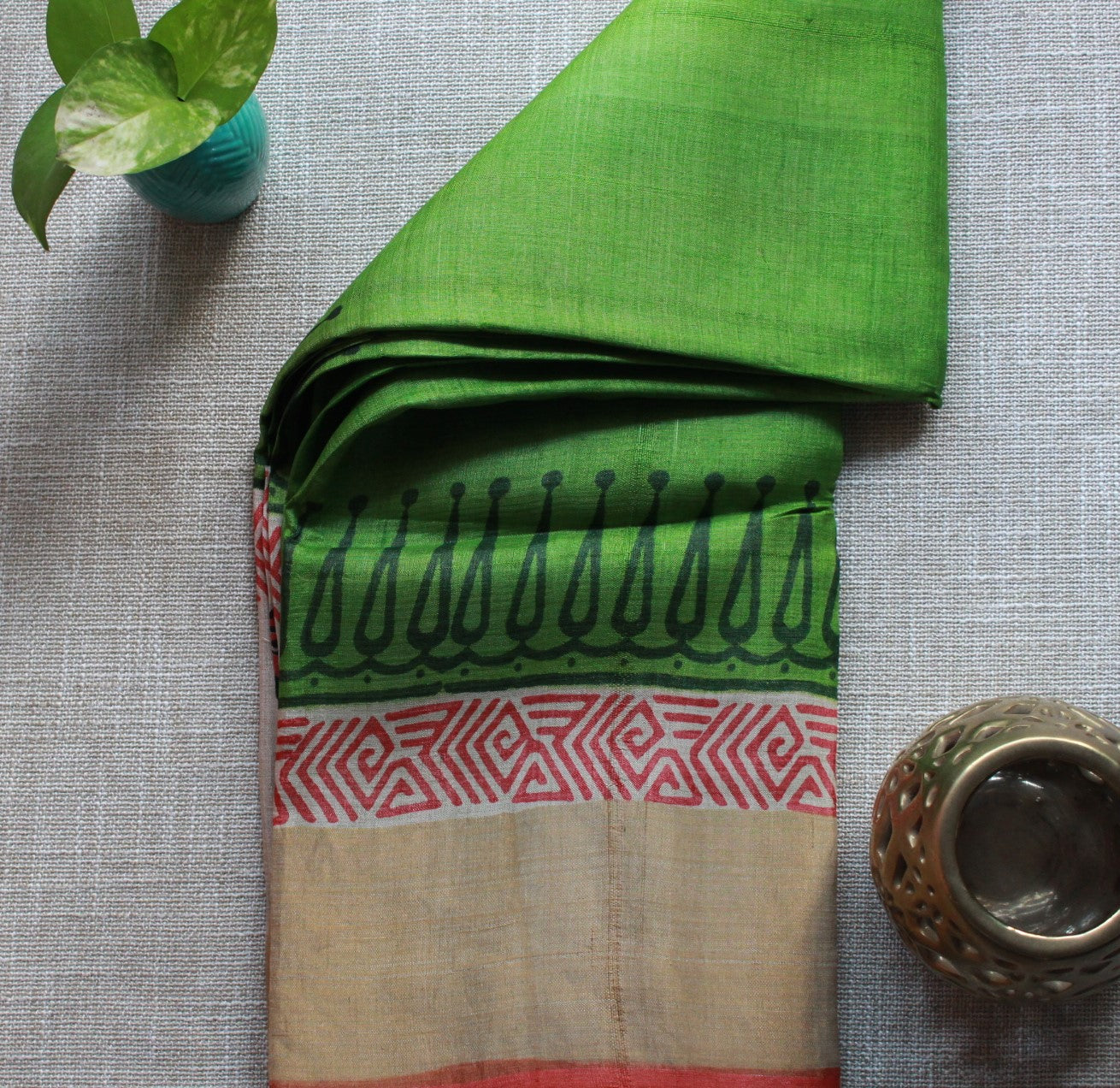 Parrot Green Tussar Silk Saree