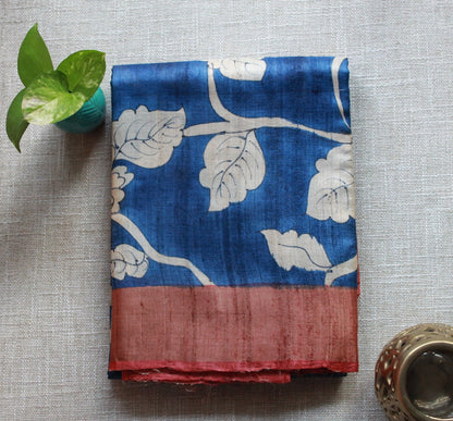 Blue Handpainted Kalamkari Tussar Silk Saree