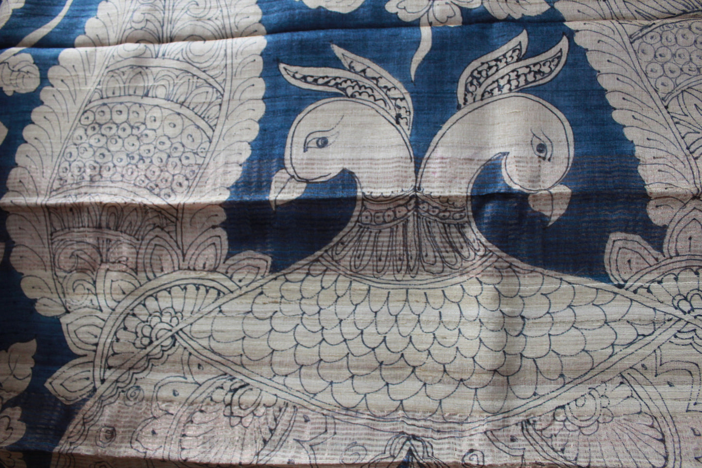 Blue Handpainted Kalamkari Tussar Silk Saree