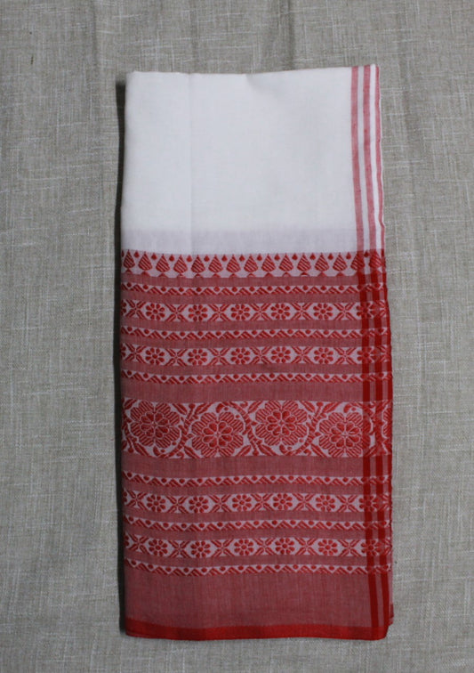 White Begampuri Cotton Saree with Red Handwoven Border