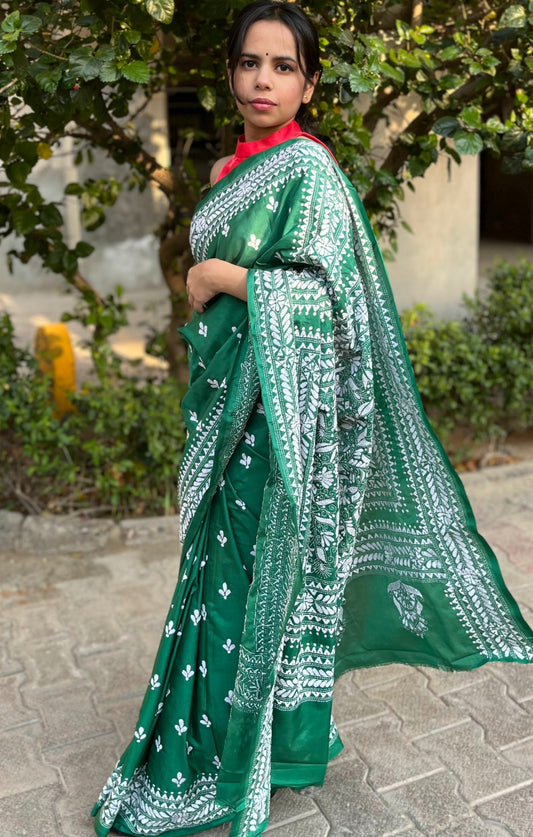 Green Kantha Embroidered Saree