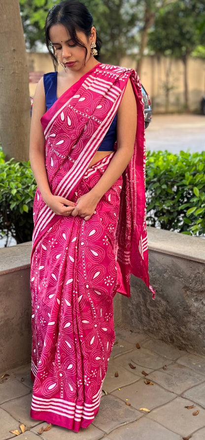 Pink Silk Kantha Embroidered Saree