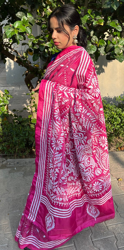 Pink Silk Kantha Embroidered Saree