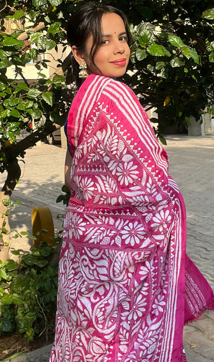 Pink Silk Kantha Embroidered Saree