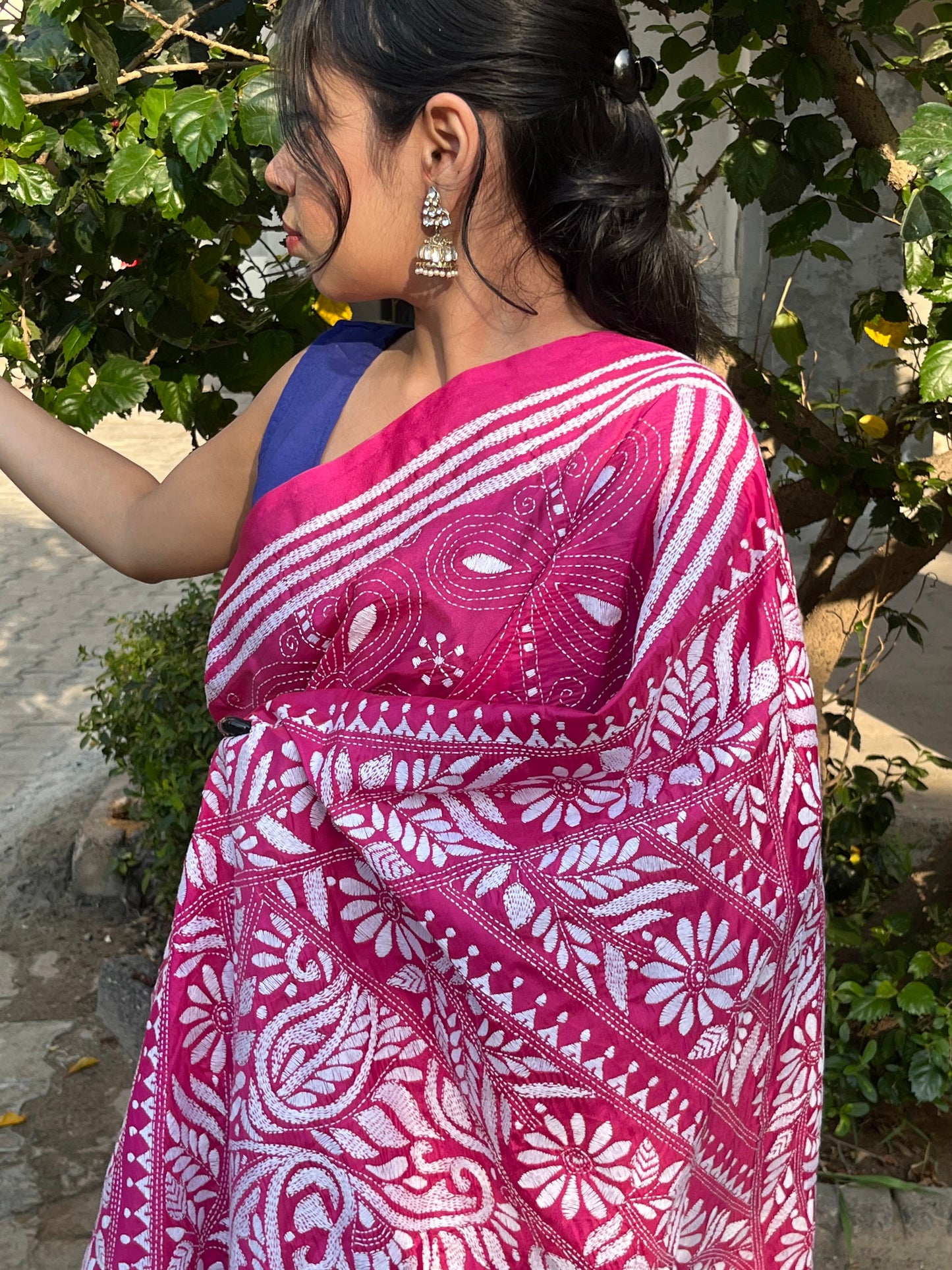 Pink Silk Kantha Embroidered Saree