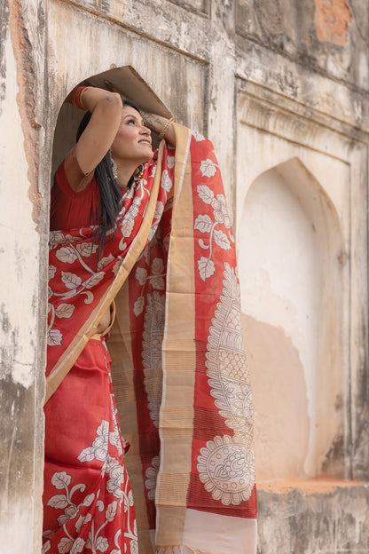 Red Handpainted Kalamkari Tussar Silk Saree