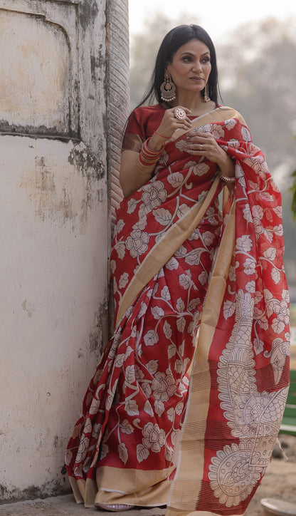 Red Handpainted Kalamkari Tussar Silk Saree