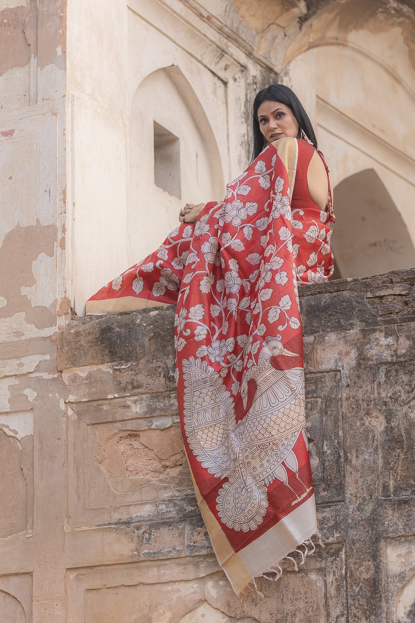 Red Handpainted Kalamkari Tussar Silk Saree