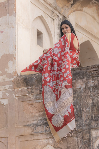 Red Handpainted Kalamkari Tussar Silk Saree