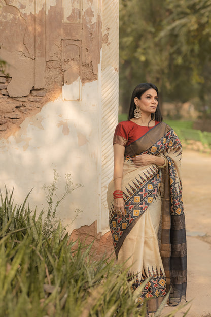 Off White Patola Tussar Silk Saree