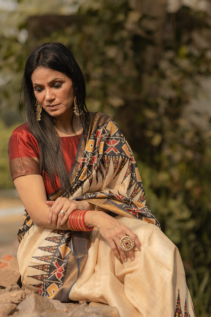 Off White Patola Tussar Silk Saree